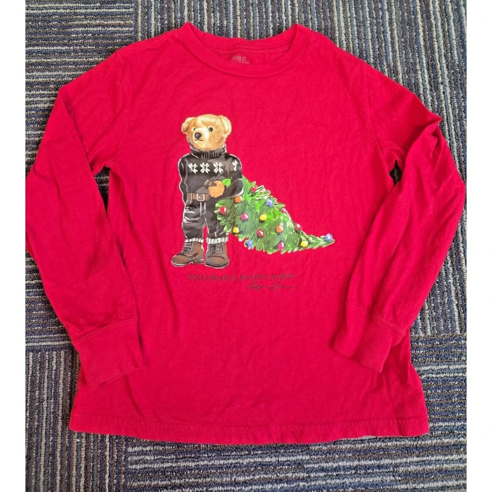 Polo Ralph Lauren Bear Long Sleeve T-Shirt Kids Size 7 Christmas Tree Red